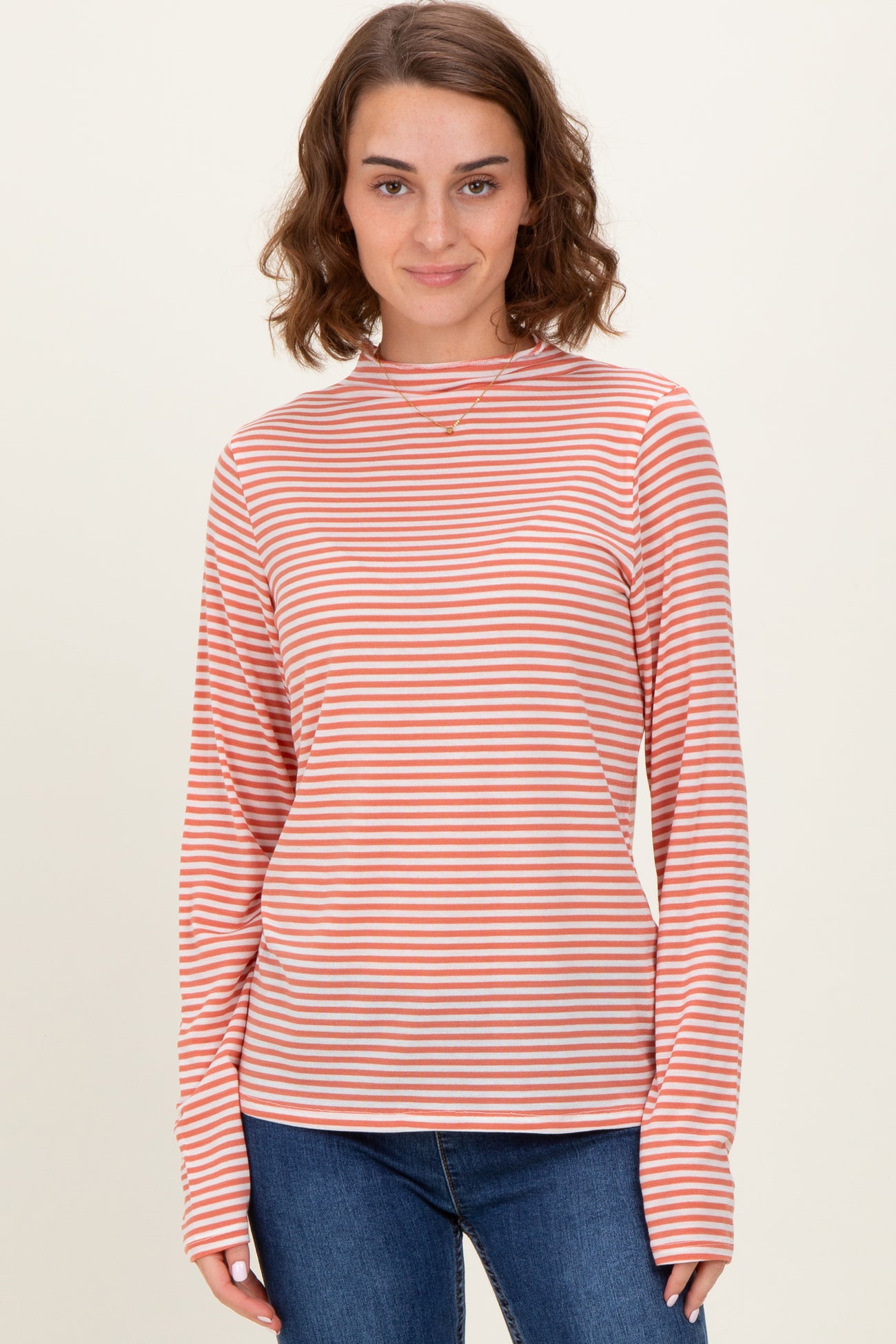 Rust Striped High Neck Long Sleeve Top