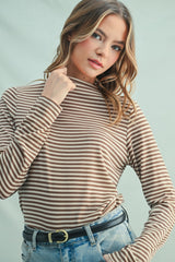 Mocha Striped High Neck Maternity Long Sleeve Top