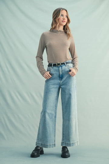 Mocha Striped High Neck Long Sleeve Top