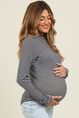 Navy Striped High Neck Maternity Long Sleeve Top