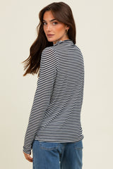 Navy Striped High Neck Long Sleeve Top