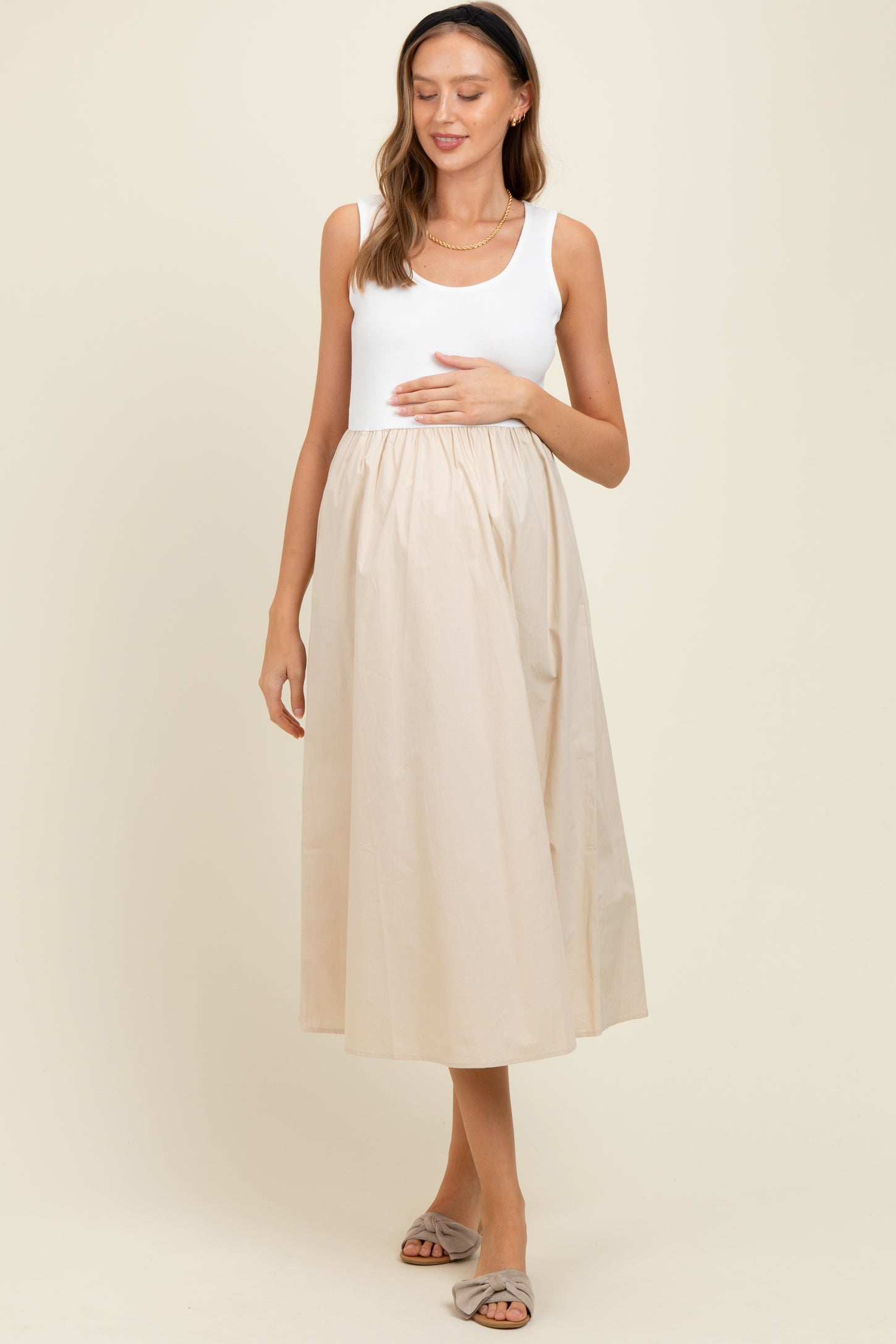 White Knit Contrast Top Sleeveless Maternity Midi Dress