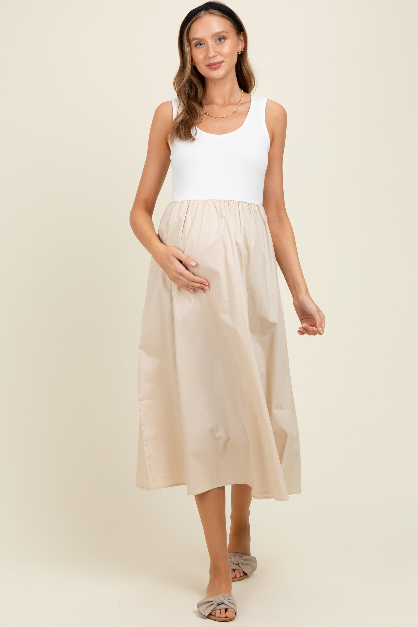 White Knit Contrast Top Sleeveless Maternity Midi Dress