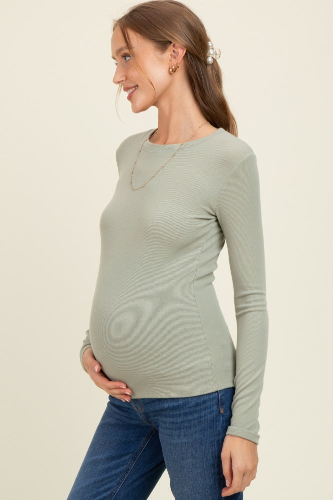 Light Olive Ribbed Maternity Long Sleeve Top