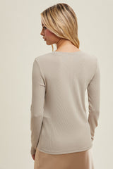 Beige Ribbed Long Sleeve Top