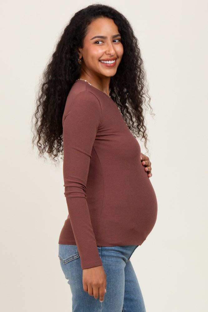 Brown Ribbed Maternity Long Sleeve Top
