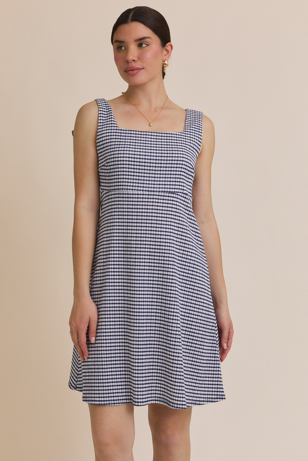 Navy Gingham Square Neck Bow Strap Dress