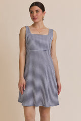 Navy Gingham Square Neck Bow Strap Dress