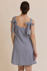 Navy Gingham Square Neck Bow Strap Dress