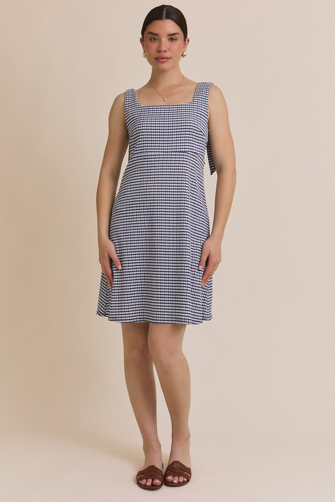 Navy Gingham Square Neck Bow Strap Dress