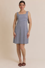 Navy Gingham Square Neck Bow Strap Dress