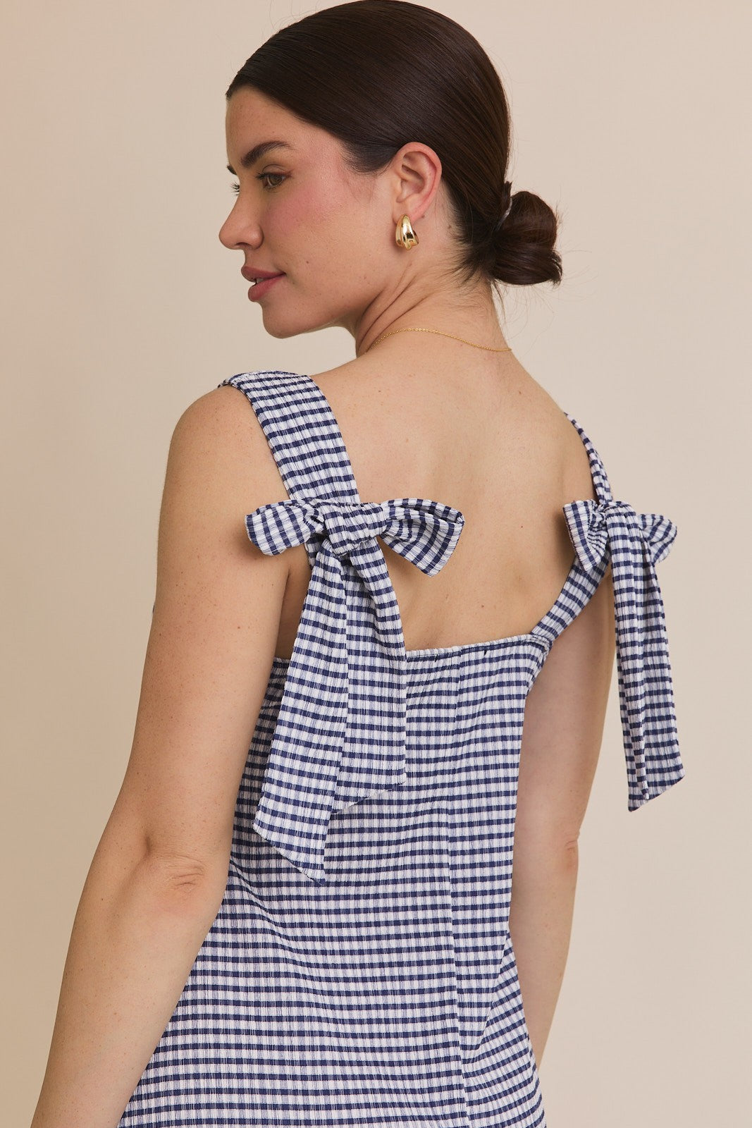 Navy Gingham Square Neck Bow Strap Dress