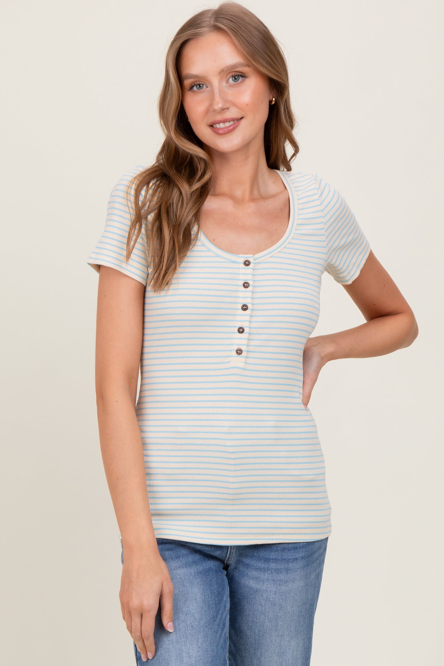 Light Blue Striped Fitted Short Sleeve Top