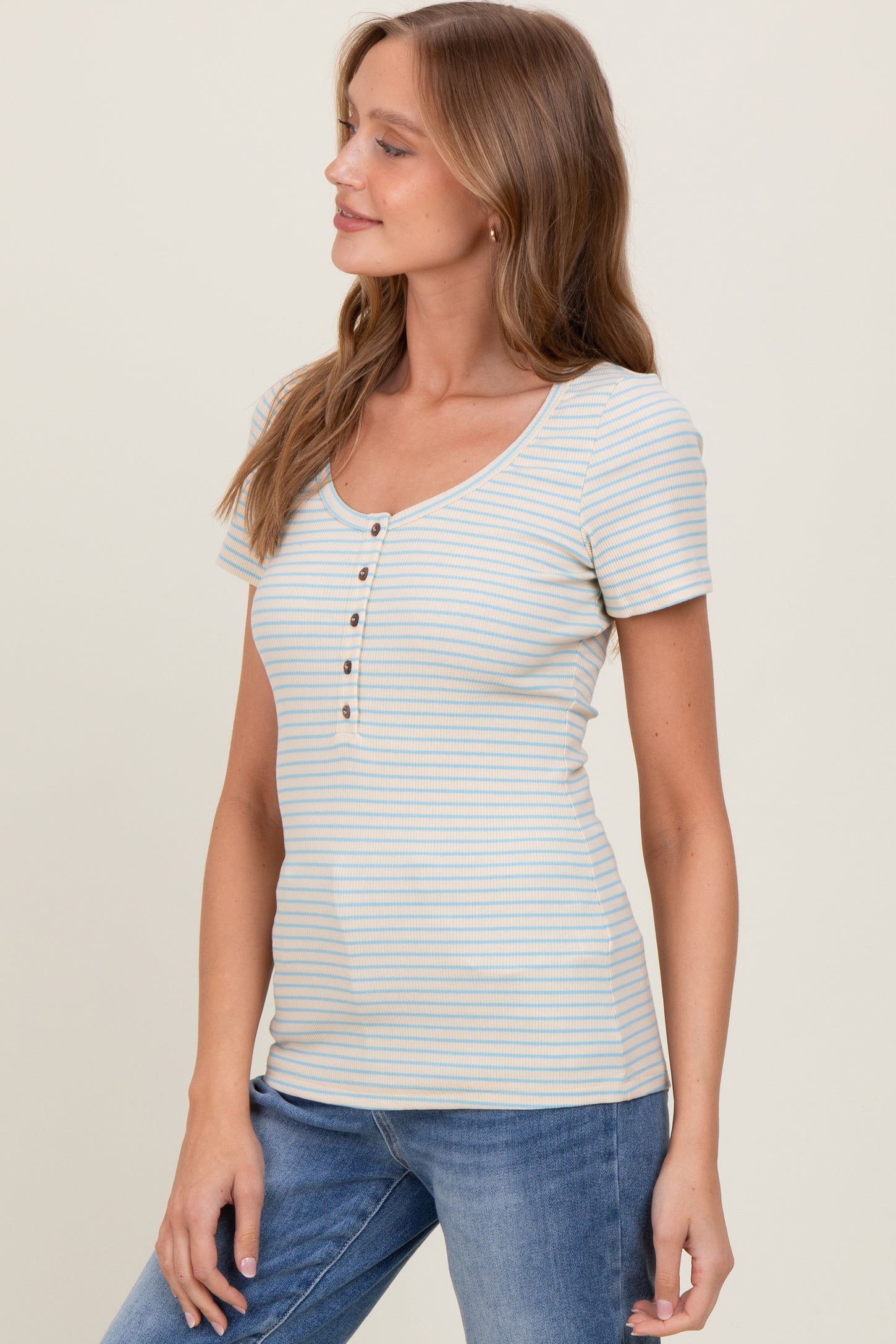Light Blue Striped Fitted Short Sleeve Top