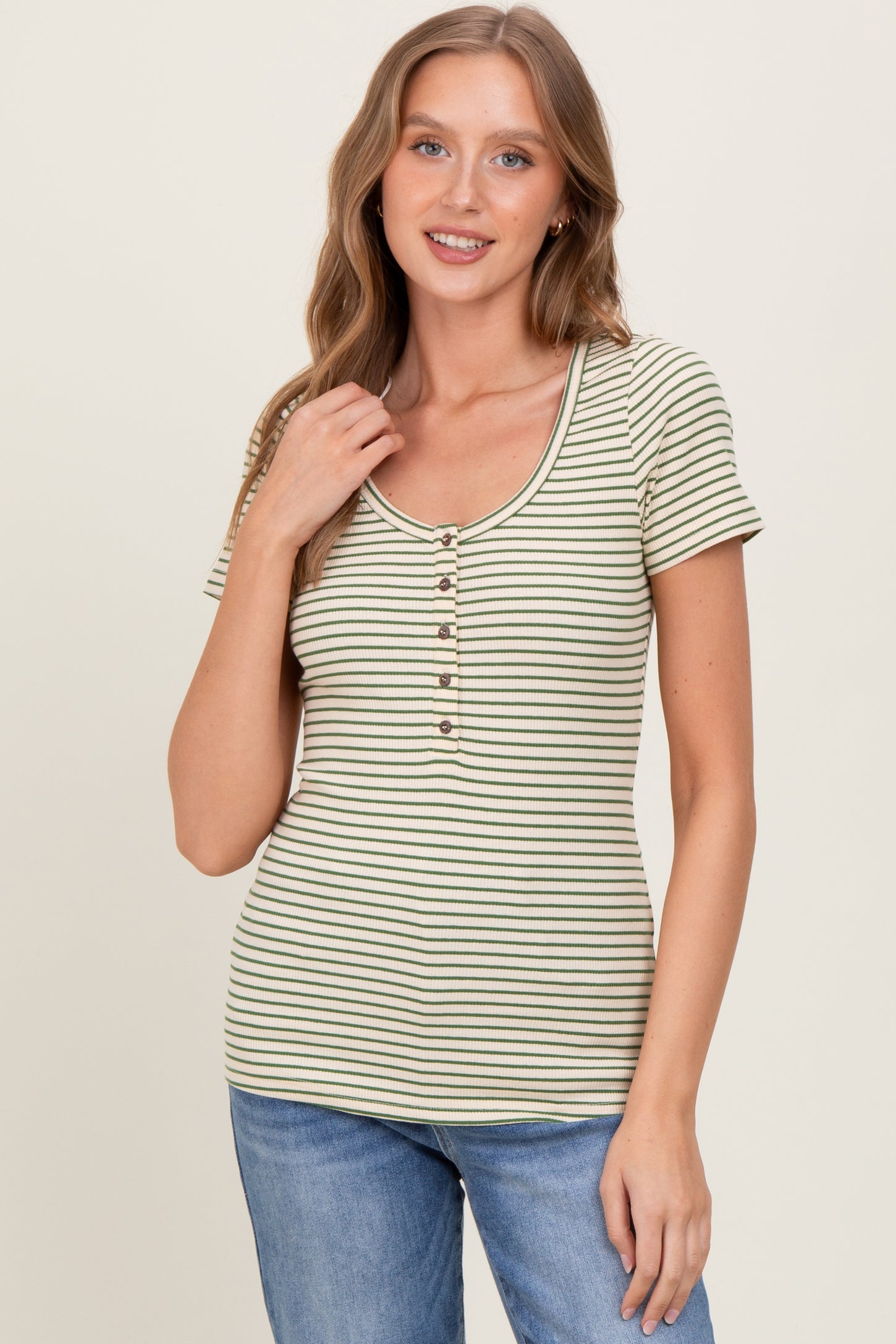 Green Striped Fitted Short Sleeve Top