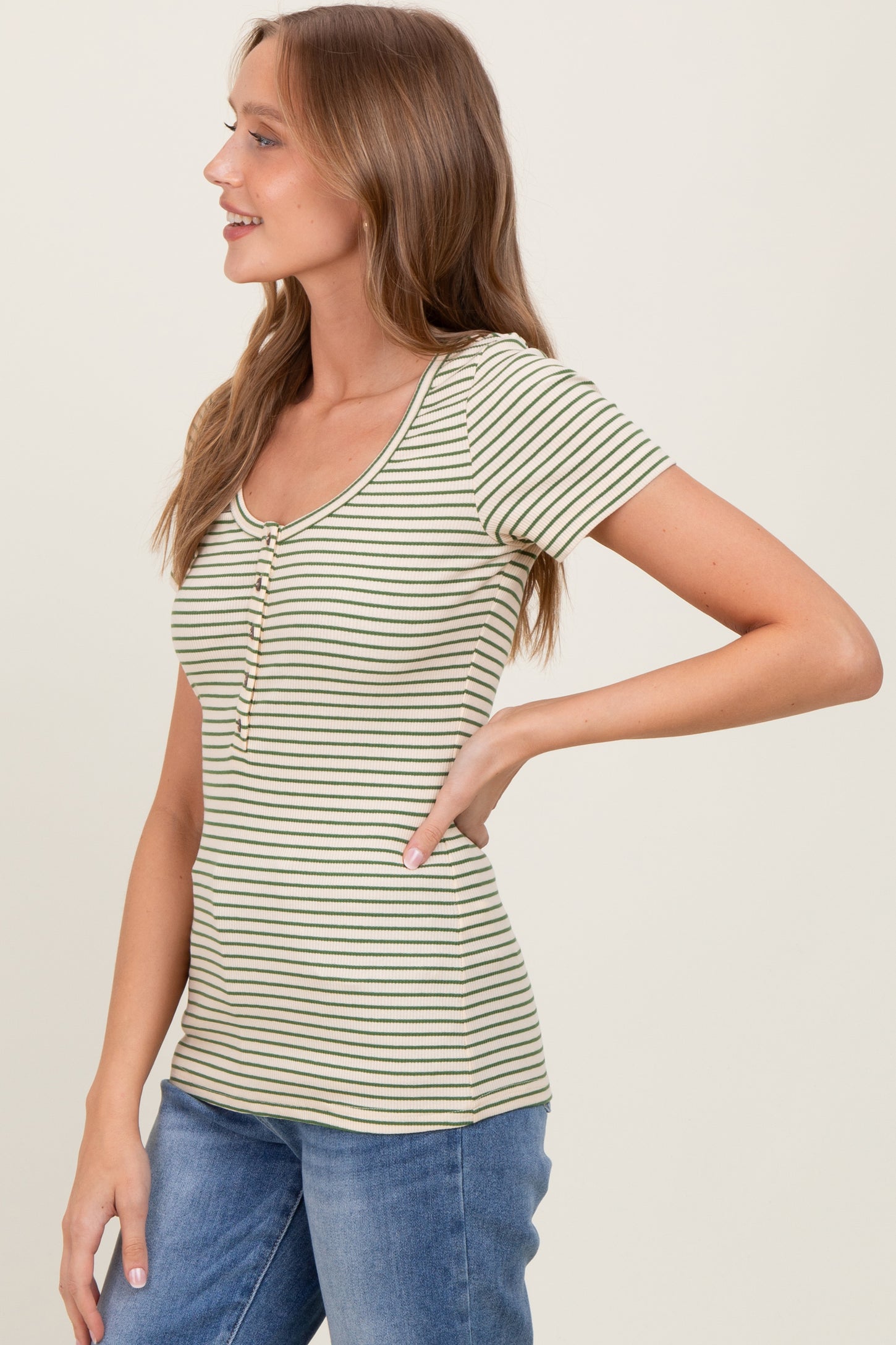 Green Striped Fitted Short Sleeve Top