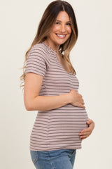 Mocha Ribbed Striped Short Sleeve Maternity Top