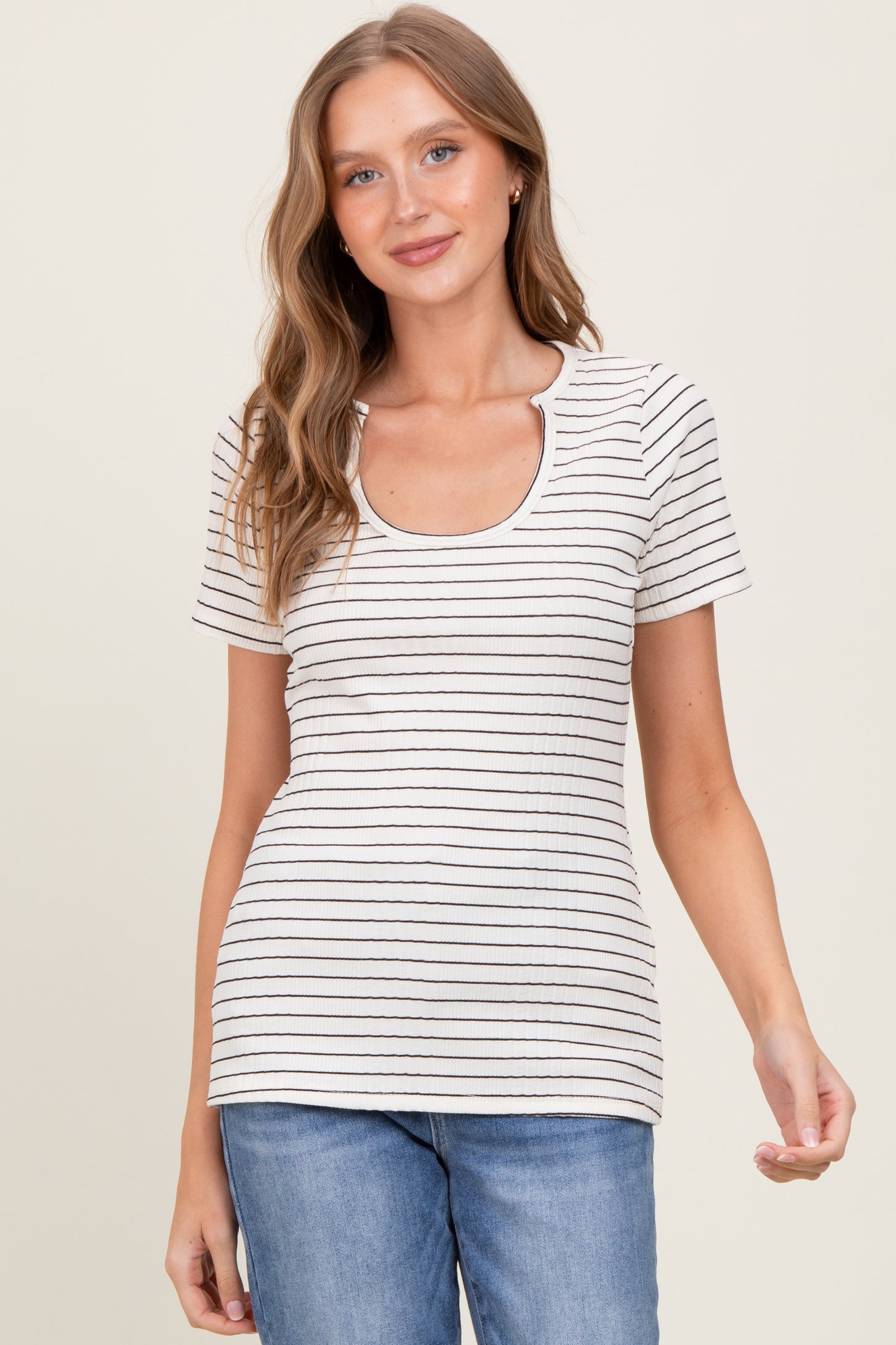 Cream Ribbed Striped Short Sleeve Maternity Top