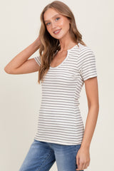 Cream Ribbed Striped Short Sleeve Top