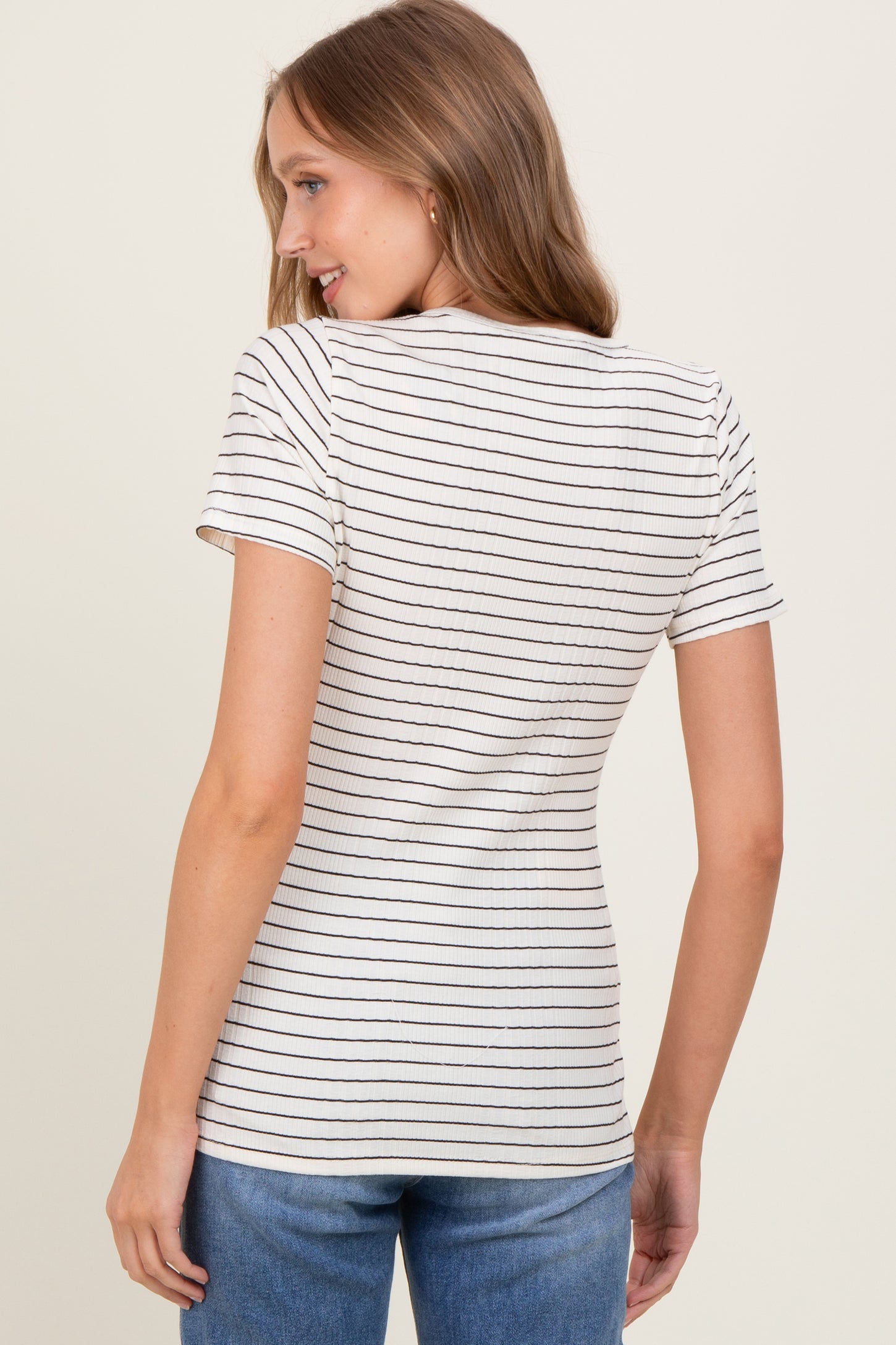 Cream Ribbed Striped Short Sleeve Top