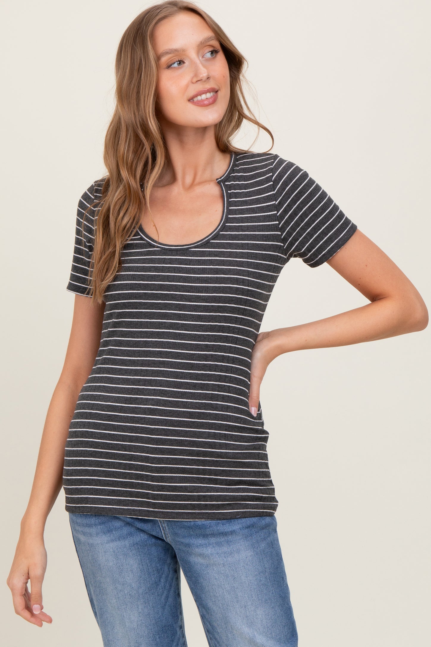 Charcoal Ribbed Striped Short Sleeve Top