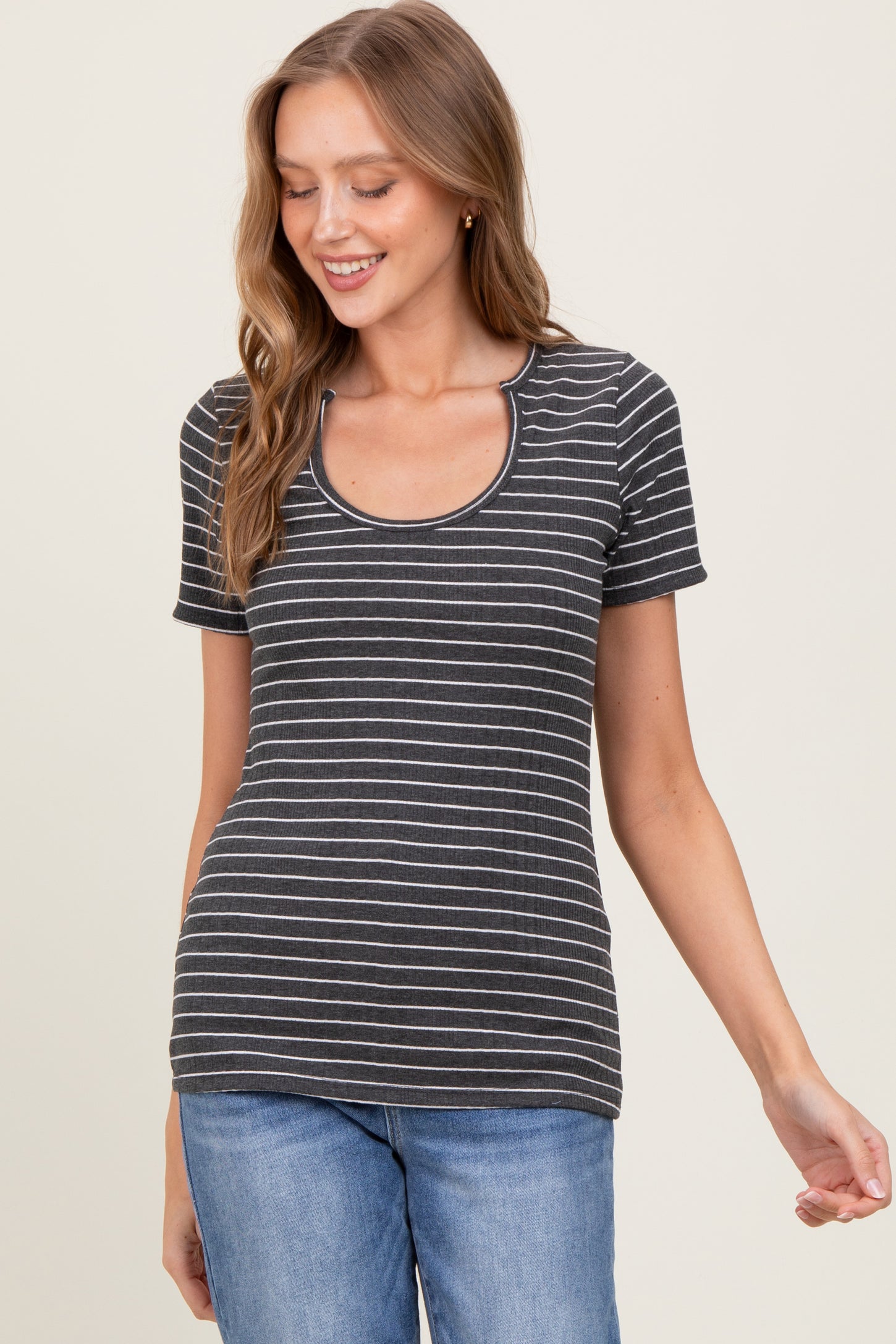 Charcoal Ribbed Striped Short Sleeve Top