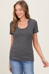 Charcoal Ribbed Striped Short Sleeve Top