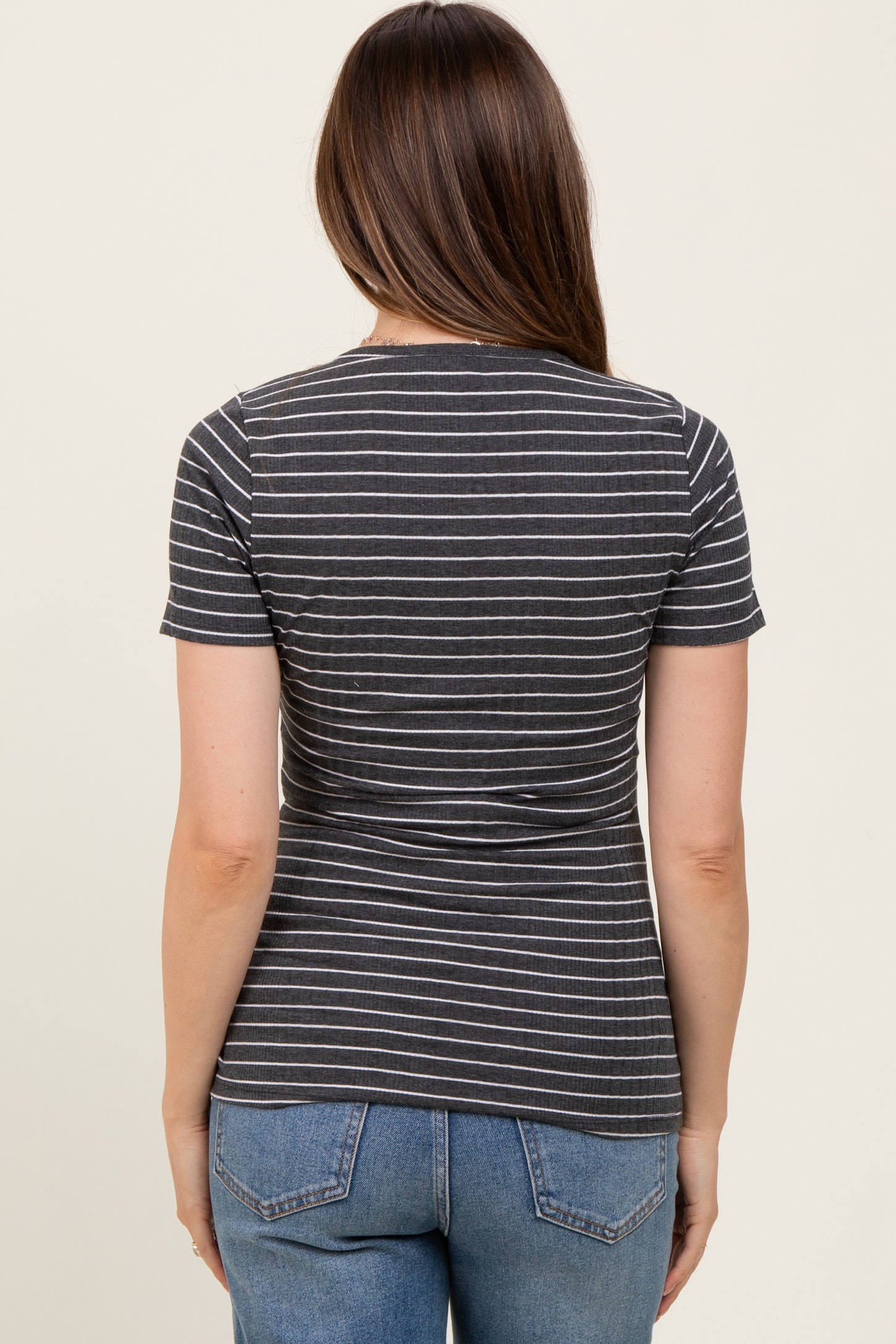 Charcoal Ribbed Striped Short Sleeve Maternity Top