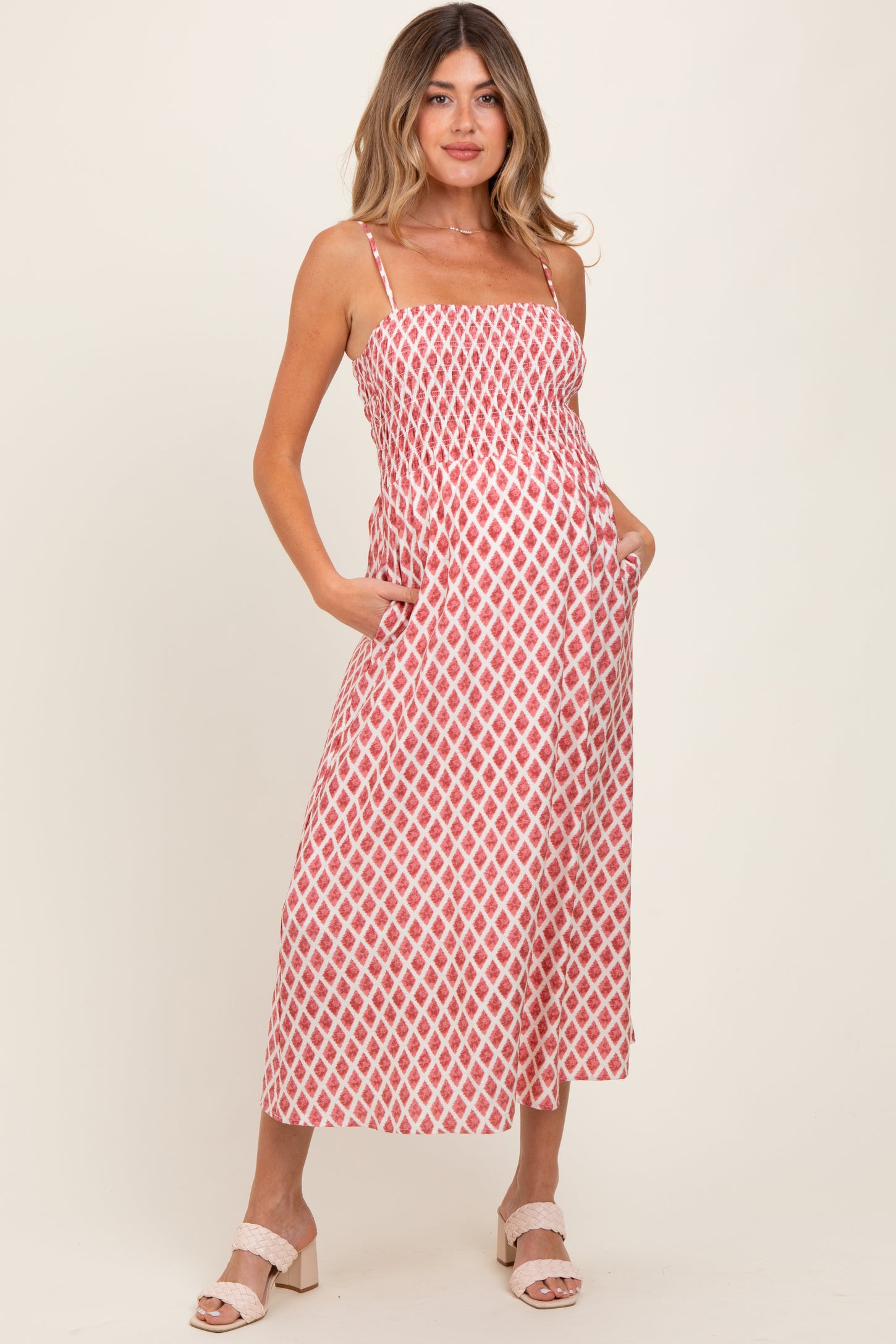 Pink Diamond Print Smocked Maternity Midi Dress