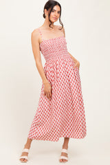 Pink Diamond Print Smocked Maternity Midi Dress