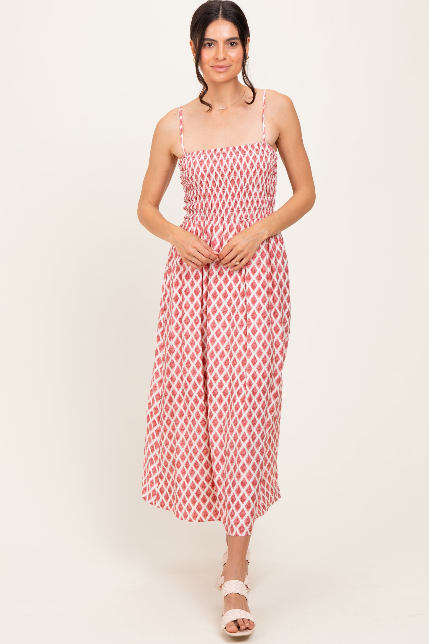 Pink Diamond Print Smocked Midi Dress