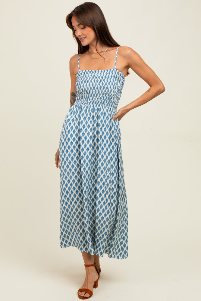 Blue Diamond Print Smocked Midi Dress
