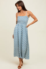 Blue Diamond Print Smocked Midi Dress
