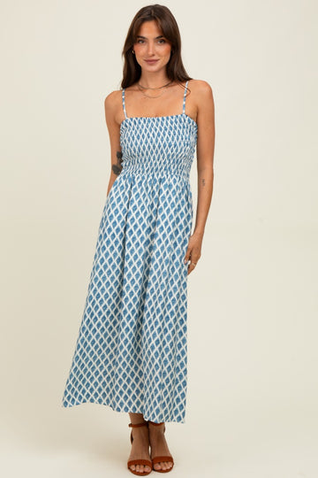 Blue Diamond Print Smocked Midi Dress
