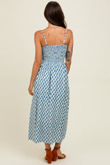 Blue Diamond Print Smocked Midi Dress