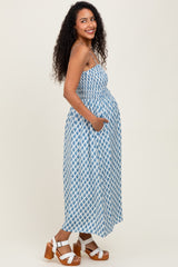 Blue Diamond Print Smocked Maternity Midi Dress