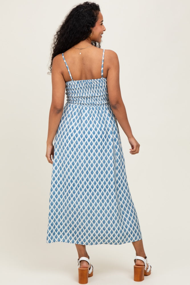 Blue Diamond Print Smocked Maternity Midi Dress