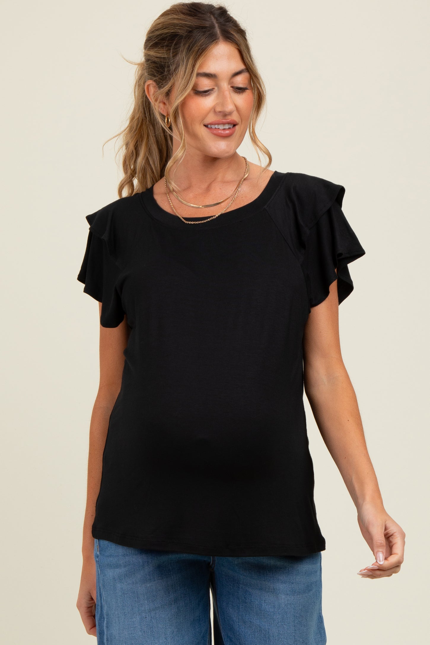 Black Double Ruffle Sleeve Maternity T-Shirt