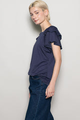Navy Double Ruffle Sleeve T-Shirt