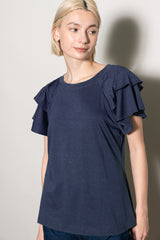 Navy Double Ruffle Sleeve T-Shirt