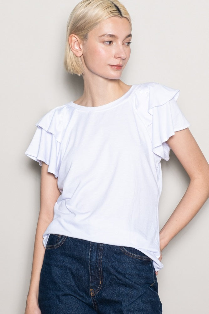 White Double Ruffle Sleeve Maternity T-Shirt
