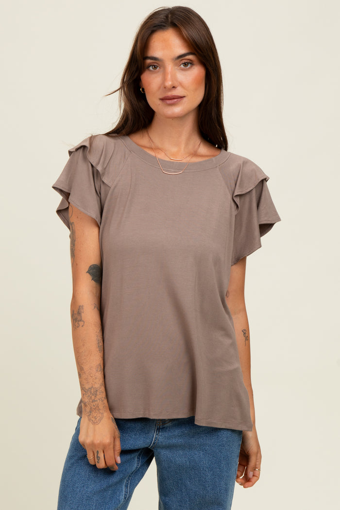 Taupe Double Ruffle Sleeve T-Shirt