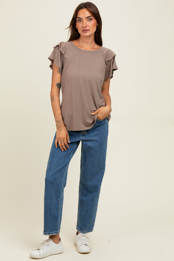 Taupe Double Ruffle Sleeve T-Shirt
