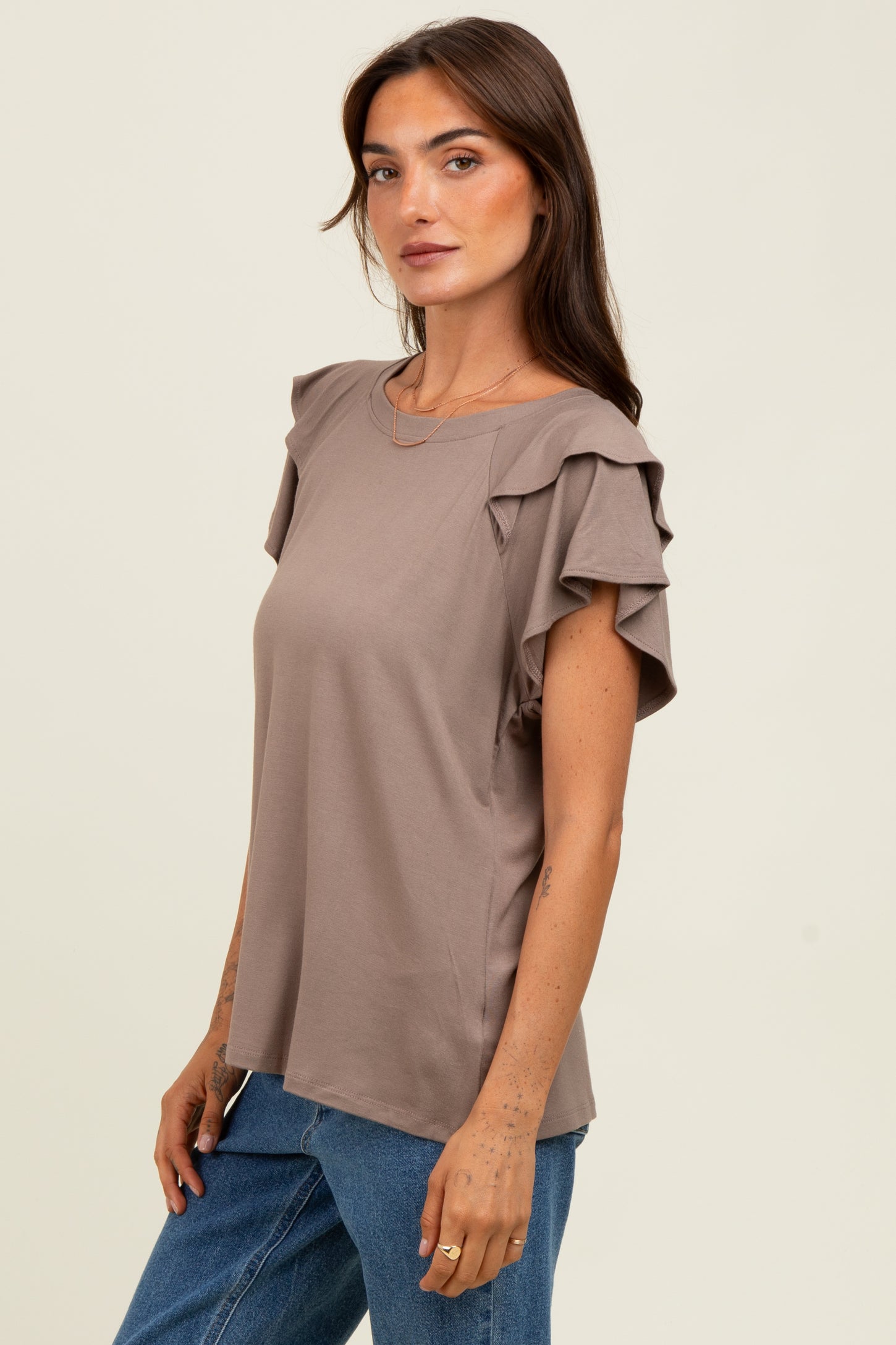 Taupe Double Ruffle Sleeve T-Shirt