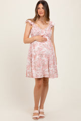 Pink Floral Ruffle Sleeve Tiered Maternity Mini Dress