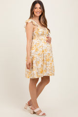 Yellow Floral Ruffle Sleeve Tiered Maternity Mini Dress