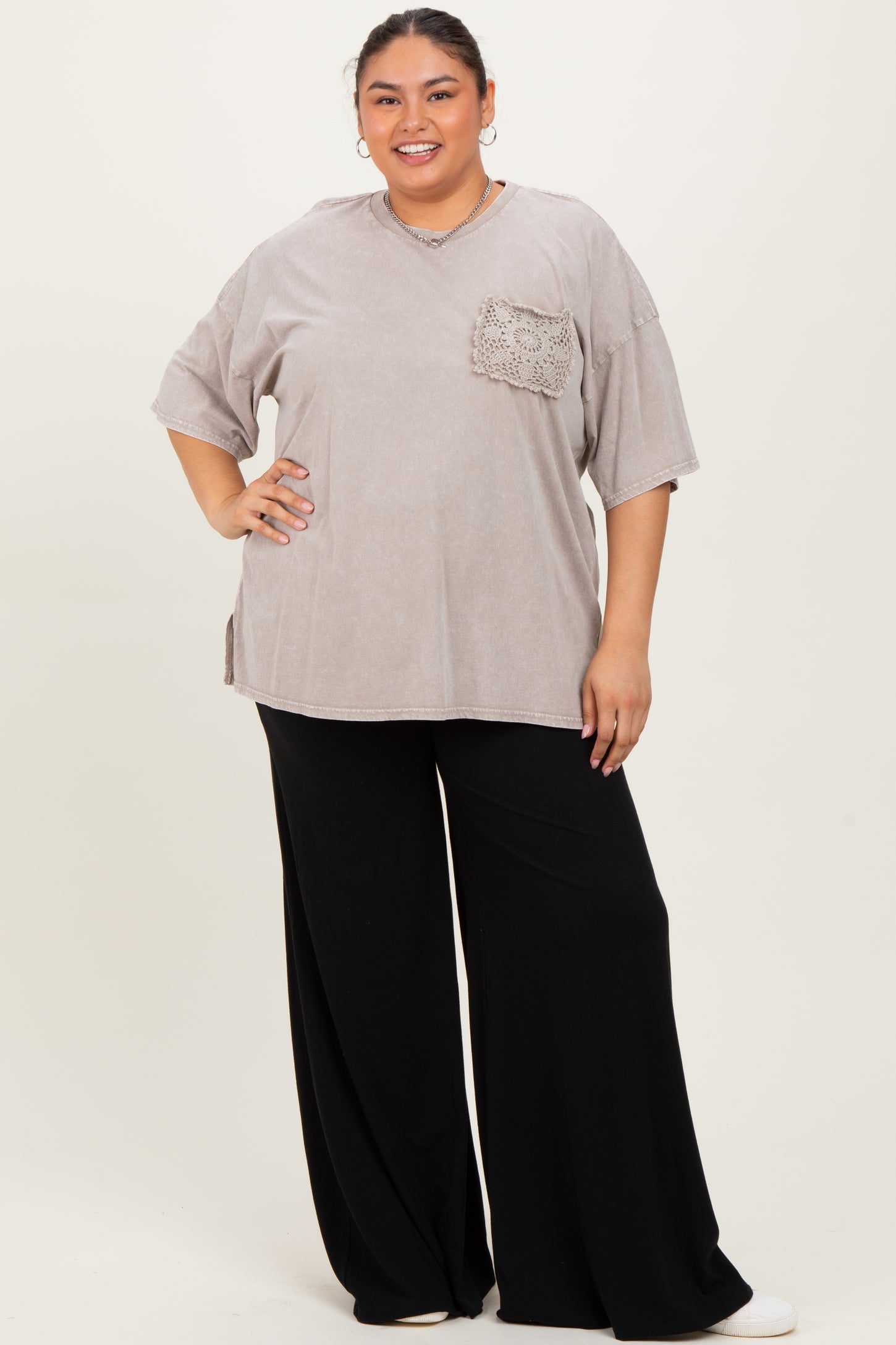 Taupe Mineral Wash Crochet Pocket Plus Top