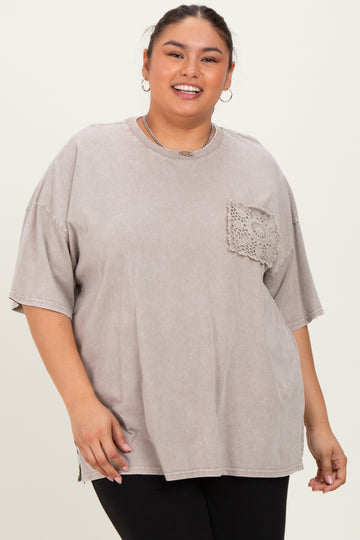 Taupe Mineral Wash Crochet Pocket Plus Top