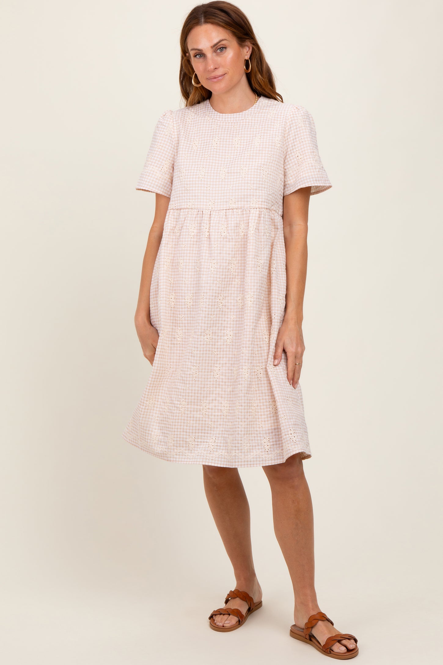 Beige Gingham Short Sleeve Dress