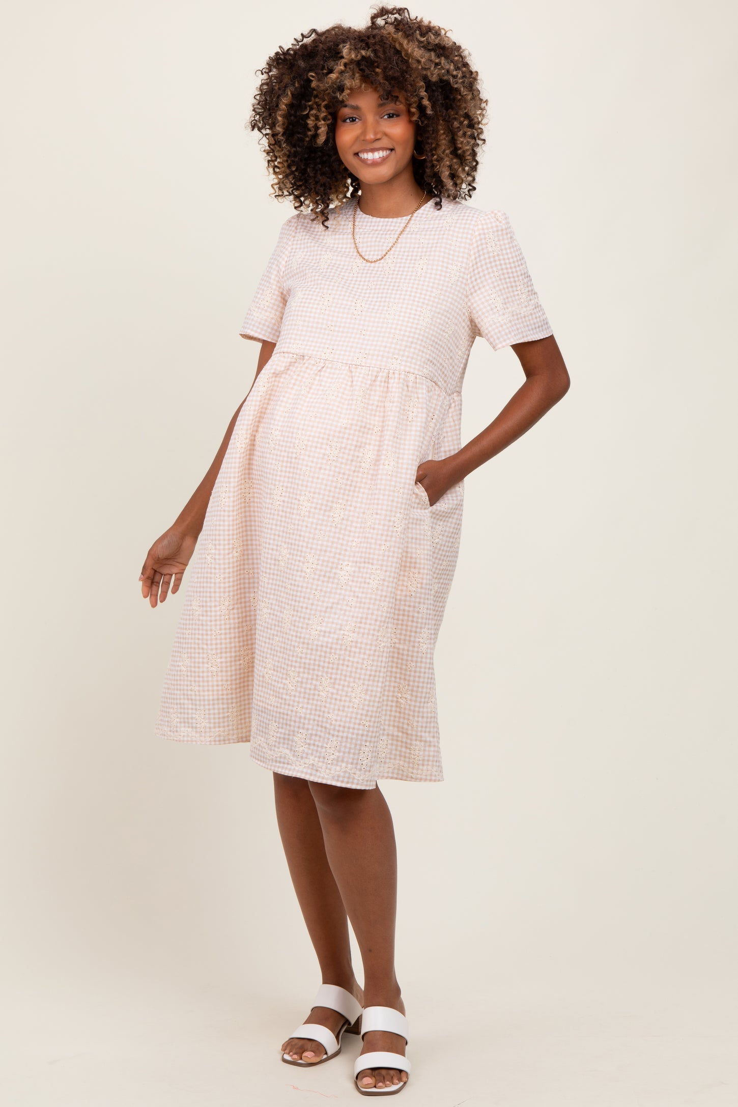 Beige Gingham Short Sleeve Maternity Dress